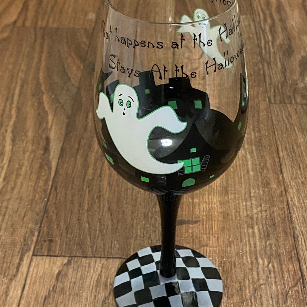 Halloween Hand Painted Wine Glass 9” H Tall Ghosts Haunted House & Saying - Picture 2 of 8